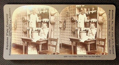 Children Playing Kitchen Stereoview Keystone View Co. 1904 Curved Mount Funny