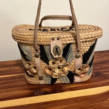 VTG Handmade Ornate Wicker Leather Handles Large Handbag Basket Metal Clasp