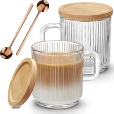2-Pack Glass Coffee Mugs with Handle and Spoon, 12 OZ Glass with Bamboo Lid