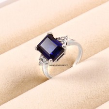 Blue Sapphire Ring, 925 Sterling Silver, Cluster Ring, Lab Created Sapphire