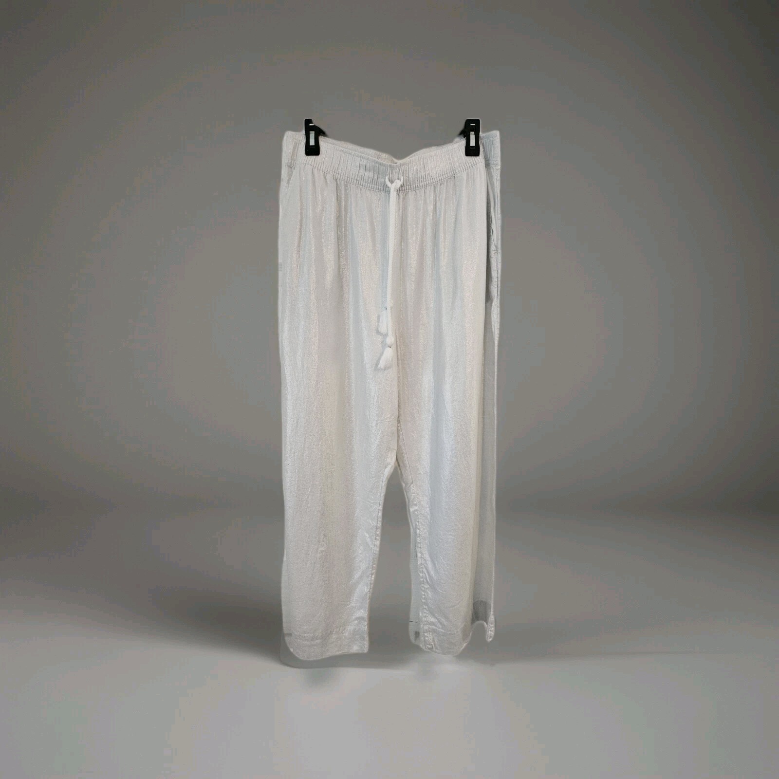 Tahari Off White Shimmer Wide Leg Drawstring Pants Linen Blend XL