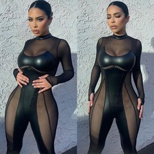 Women Sexy Bodysuits Mesh See Through Long Sleeve Catsuit Leotard Pants Jumpsuit