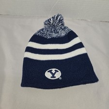 BYU Cougars Beanie Hat Cap Blue White Osfm Embroidered Knit Pompom Adult Euc