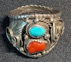 Vintage Navajo Men's Ring .925 Sterling Silver Turquoise & Coral size 12.5