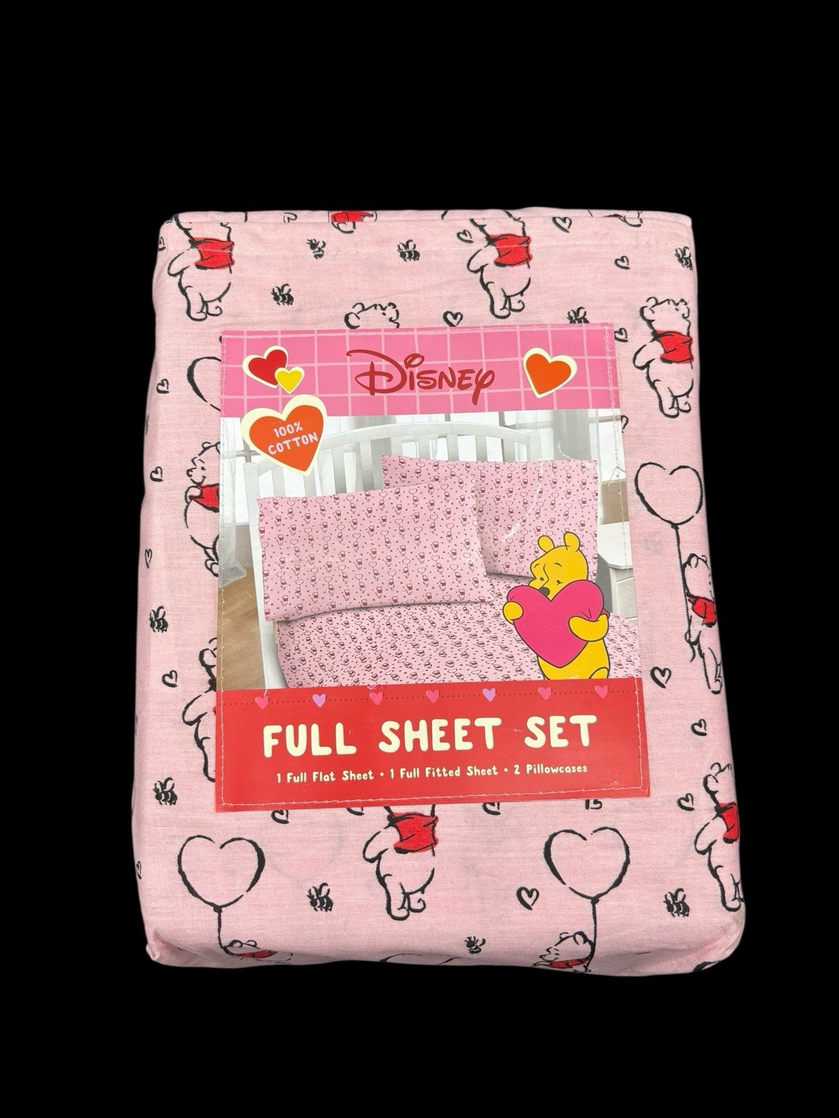 Disney Full Size Winnie the Pooh Sheet Set Pink Black Heart Balloons 100% Cotton