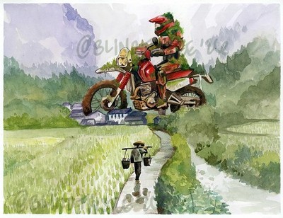 Original Giant Robot Motorcycle Watercolor Painting | OOAK Signed 8.5 x11 
