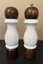 Vintage Set of Milk Glass and Wood Salt  Pepper Grinders Shakers 9  Tall