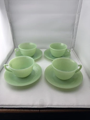 Vintage Fire King Jadeite Tea Cup and Plate Set Lot of 4