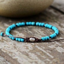 Natural Turquoise Stone Handmade 4mm Round Bead Dainty Bracelet Healing Reiki