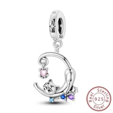 MULA 925 Sterling Silver DIY Charm Pink CZ Cat Moon For Women Bracelet Necklace