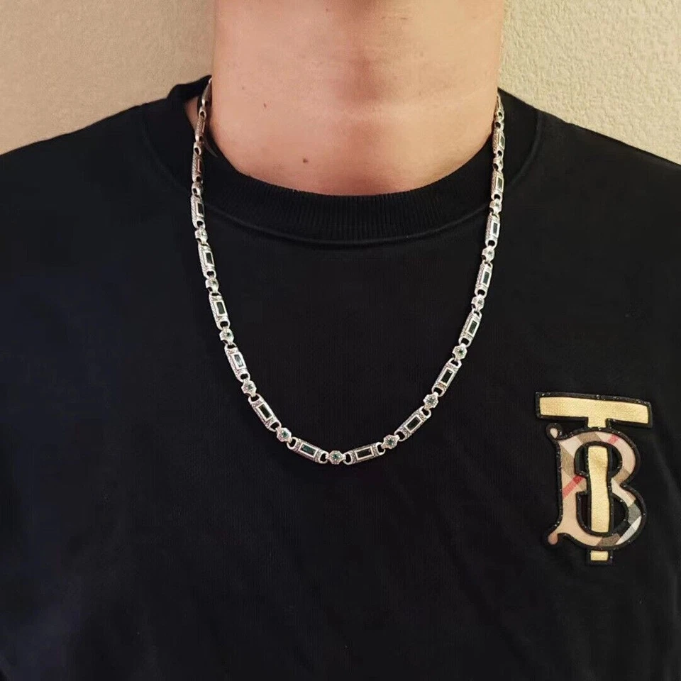 Collar retro pesado de cadena de circón verde vintage de 24 pulgadas de plata de ley 925 para hombre Foto 2 de 4