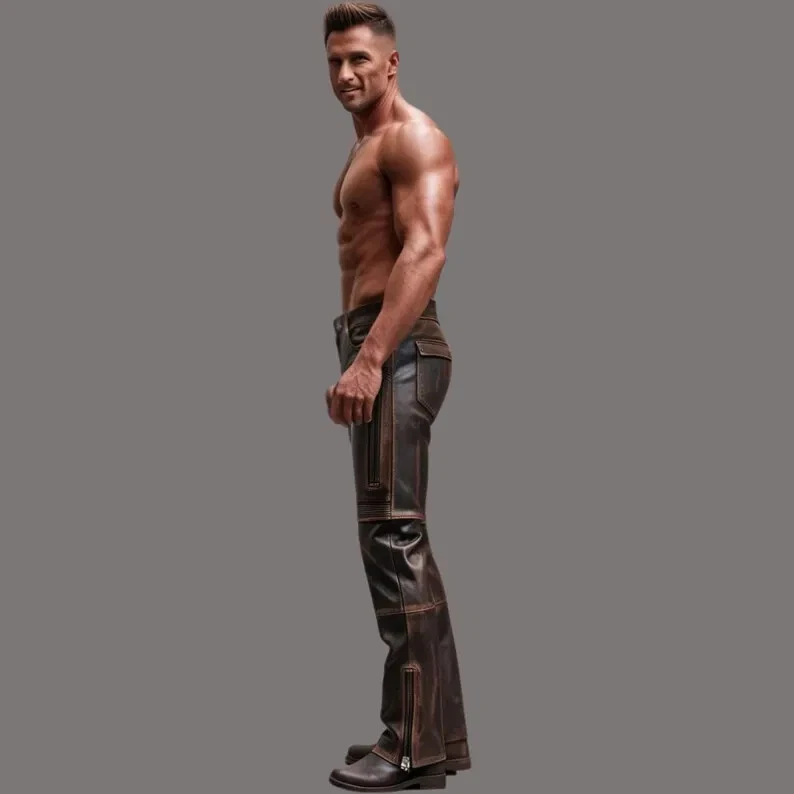 NEW Men's Brown Motorcycle Distressed Biker Leather Racer Pant NWT