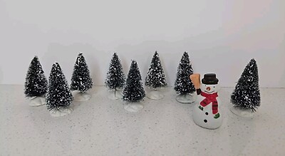 Lemax Lot Of 8 Flocked 2.5'' Christmas Village Trees & A Lemax Snowman Figure