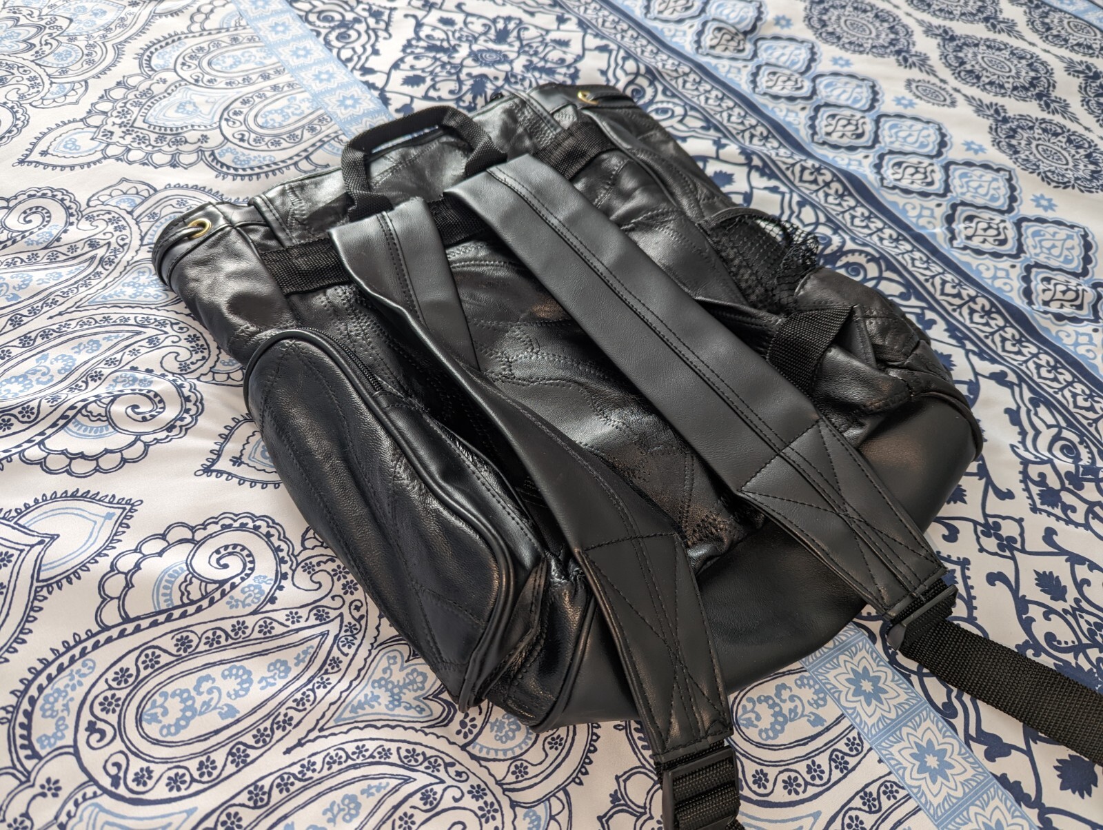 Leather Patchwork Backpack With Drawstring Top Un… - image 7