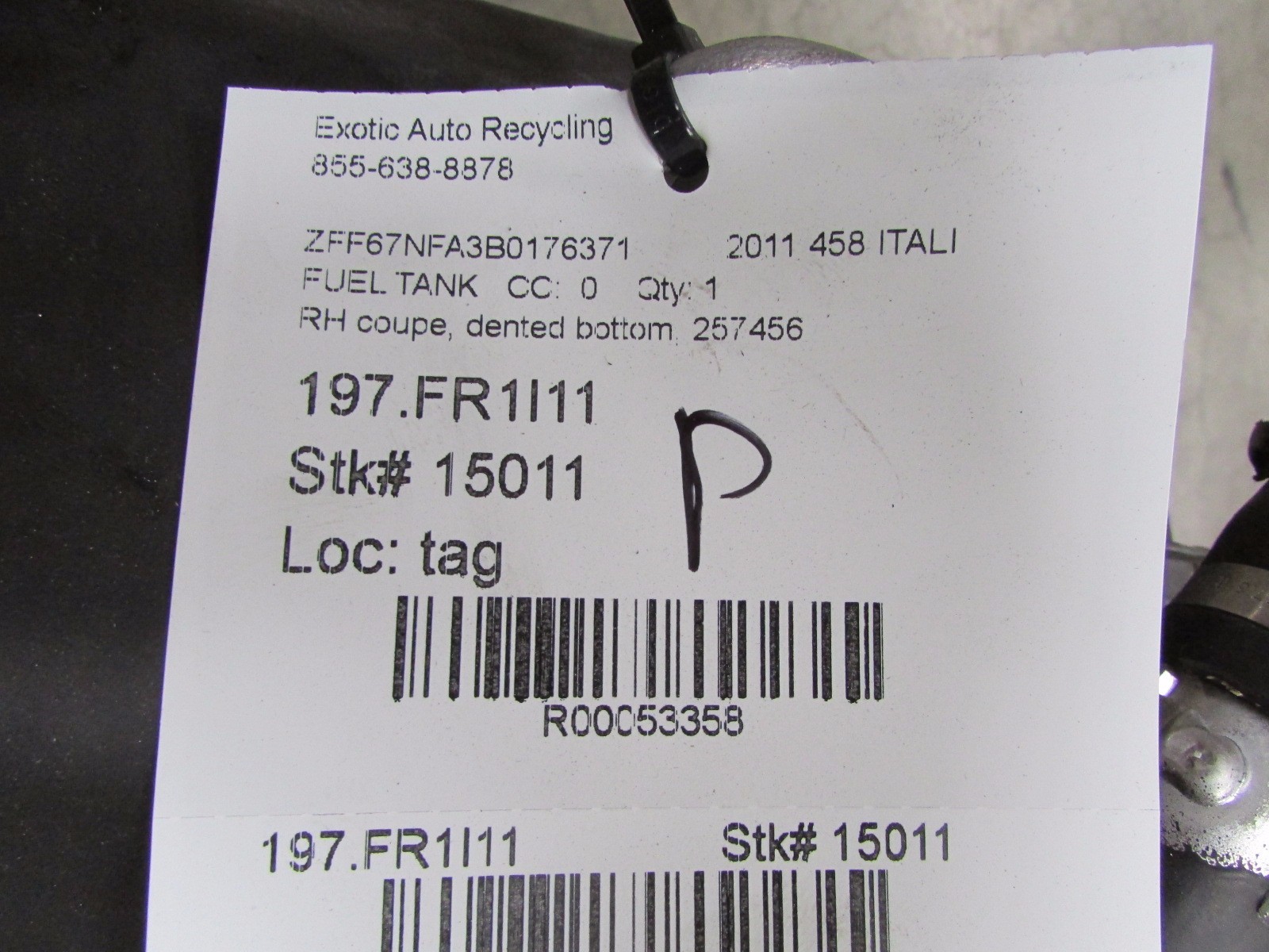 Ferrari 458 Italia Coupe, RH, Right Fuel Tank, Used, P/N 257456