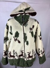 Denali Reversible Hooded Heavy Fleece Coat Deer & Pine Branch Print Women Small
