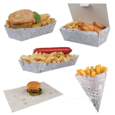 Zeitungspapier Fish & Chips - Fast Food Take Away Einwegverpackung - Artikel auswählen