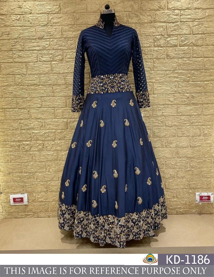 Buy Royal Blue Embroidered Gown With Net Dupatta For Women Online