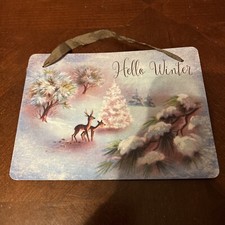 Christmas Winter Wood Home Decor Wall Hanging Sign 8x6 Snow Scene Deers Forest