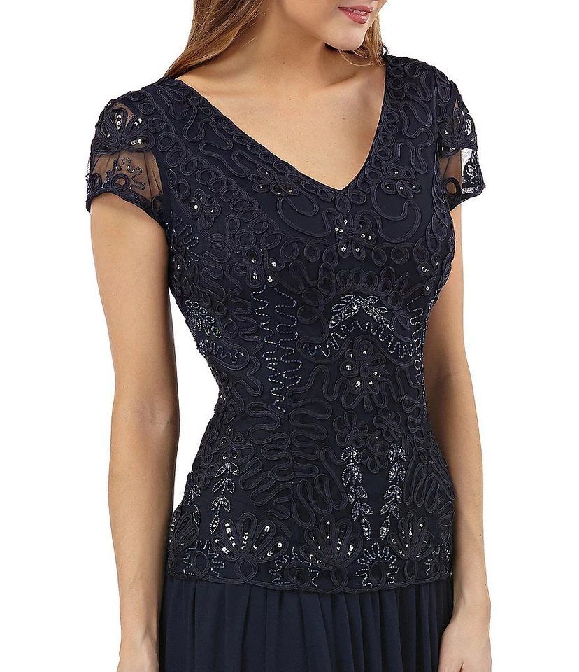 JS COLLECTIONS Navy Blue Soutache Ribbon Embellished Beaded Chiffon Maxi Gown 10 - Image 3 of 4