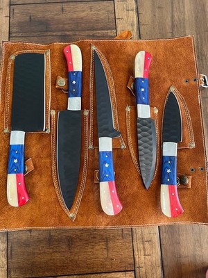 CUSTOM HANDMADE D2 TEXAS FLAG HAMMERED 5 PIECES CHEF SET & LEATHER CARRYING BAG