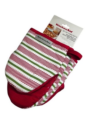 KitchenAid Set 2 Mini Oven Mitts Christmas Kitchen Red Green Stripe Potholders