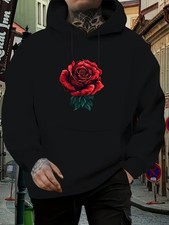 Men's Women's Red Rose Print Hooded Sweatshirt -Warm Cotton Blend Pullover Ho
