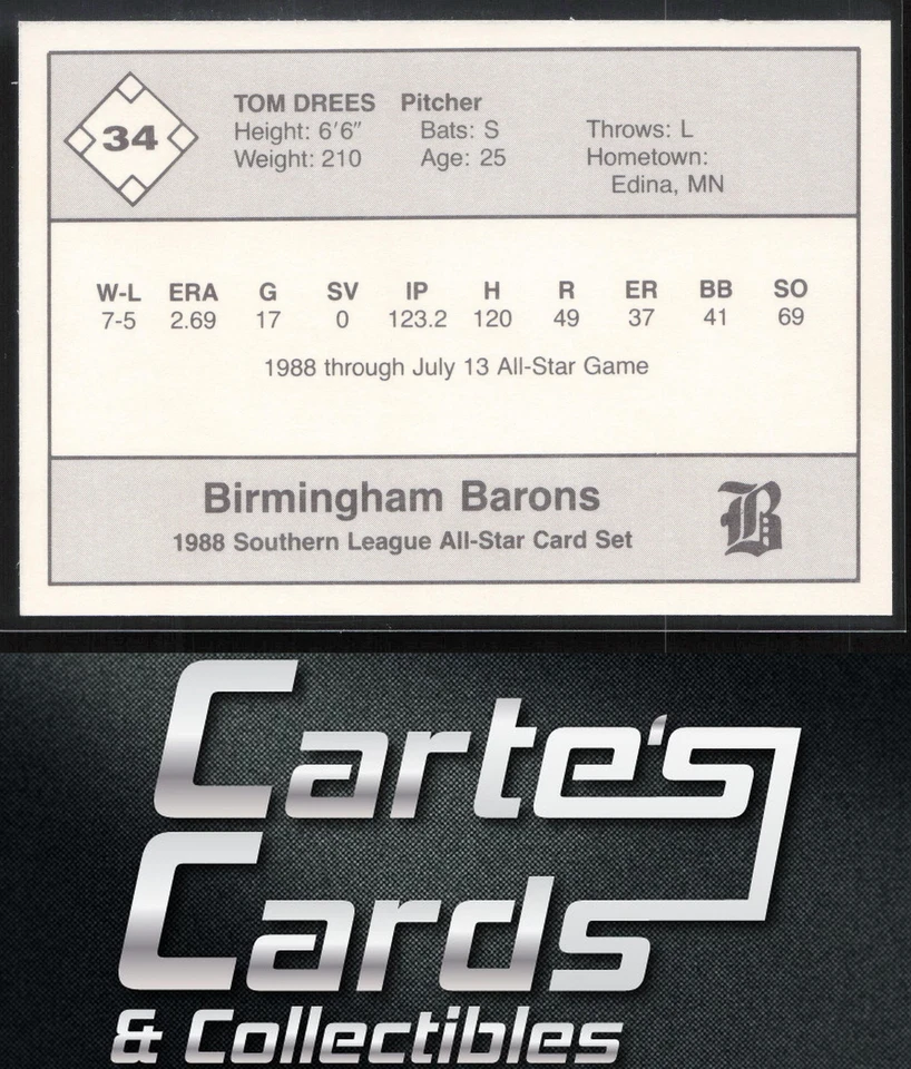 Tom Drees 1988 Jennings Southern League All-Stars #34 Birmingham Barons - Image 2 of 2