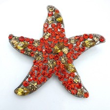Vintage Red Yellow Rhinestones Silver-Tone Aluminium Starfish-Shaped Brooch Pin
