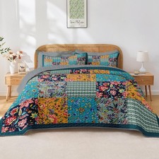 Patchwork Quilt Set Queen Size, Rustic Flowers 3 Pcs Soft Bed Cover Bedding S...