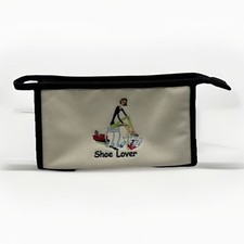 Vintage Large Makeup Case SHOE LOVER Embroidered Linen B W Check Lining