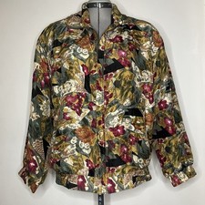 Vintage Fuda International 100 Silk 90  s Bomber Jacket Size M Floral Geometric