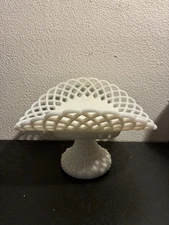 Fenton White Milk Glass Lace Banana Boat Dessert Plate Compote Stand