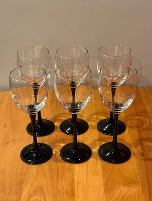 Vintage Luminarc France Domino Black Nocturne Stem Wine Glasses 8oz Set of 6