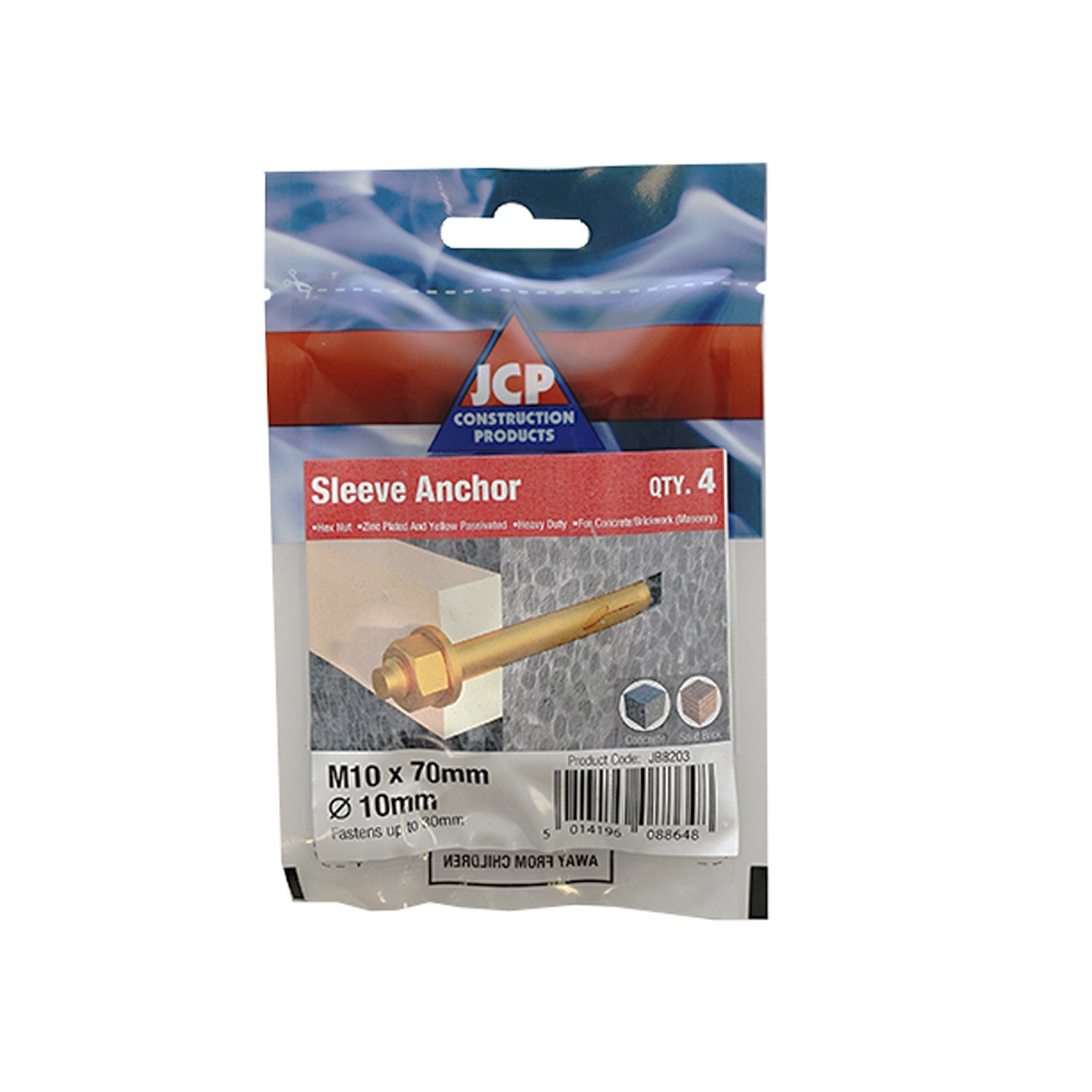 Jcp Fixings Sleeve Anchors Hexagon Nut Zyp 12mm/M10 x 75 - Box of 20