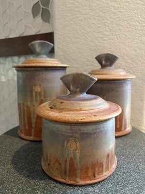 (3) DAVID VOLL Art Studio Pottery Stoneware Canister Set Vintage 1990s EUC Leaf - Image 1 of 4