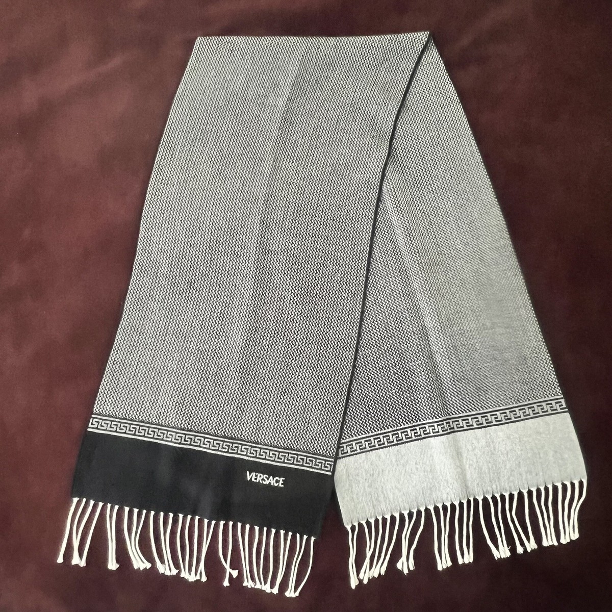 VERSACE SCIARPA Gray And Black Wool Scarf with Black Embroidered