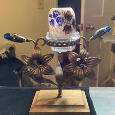 Brass Floral Epergne with Clarke Hand Decorated Pink Swirled Pyramid Size Shade