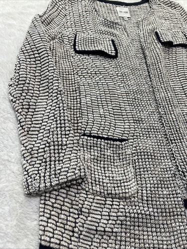 Nic + Zoe Soft Tweed Knit Cardigan Open Front Pockets Sz S Ivory Black - Picture 5 of 11