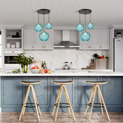 Lighting Modern 3-Light Blue Striped Glass Pendant Light Fixture