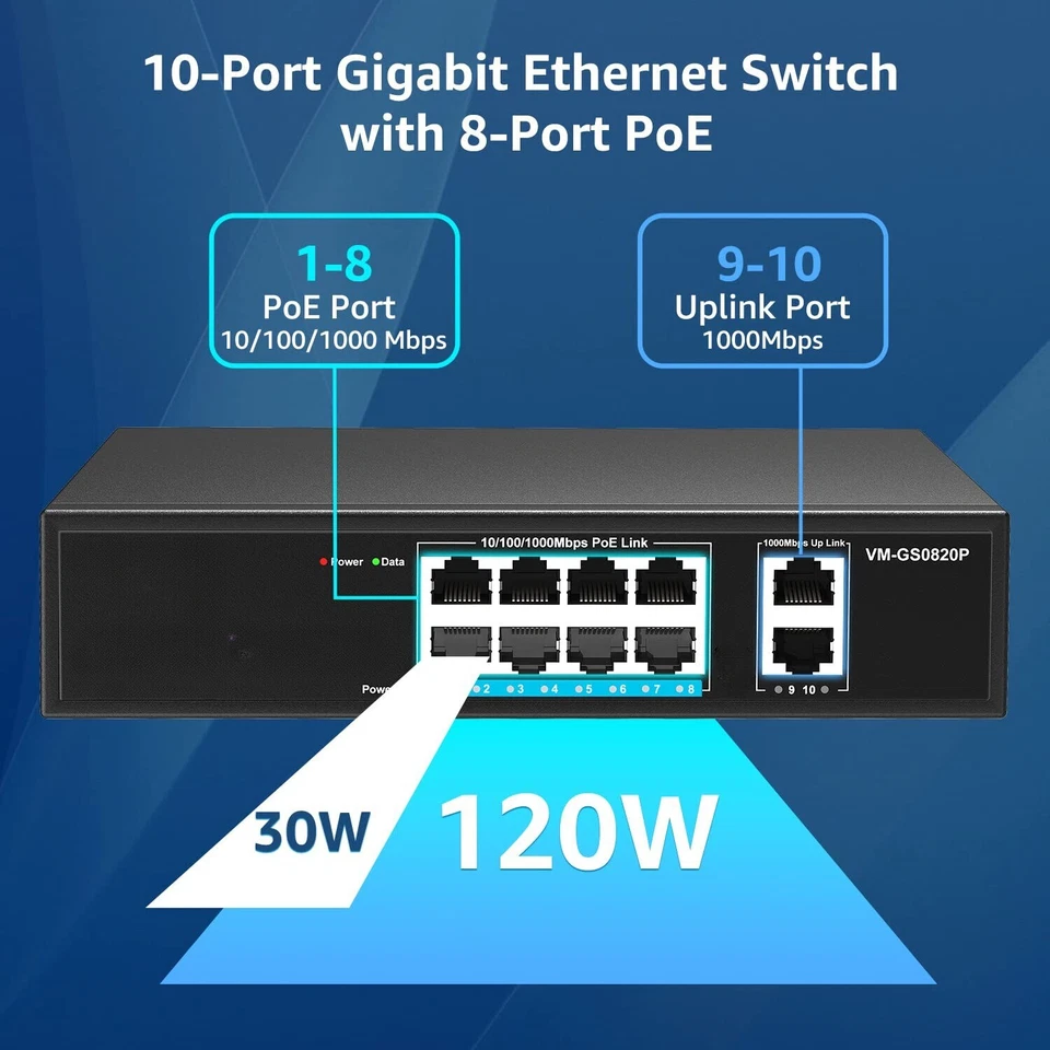 8 Port PoE Switch With 2 Uplink 120W 1G Extend to 250 Meter Unmanaged 803.af/at - Image 4 of 4