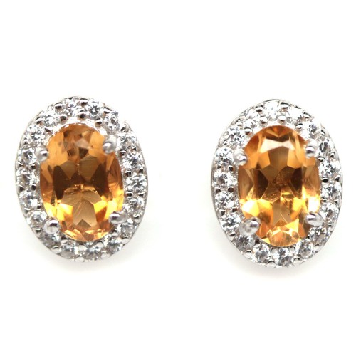 925 Sterling Silver 4 x 6 mm. Golden Yellow Citrine & Cubic Zirconia Earrings