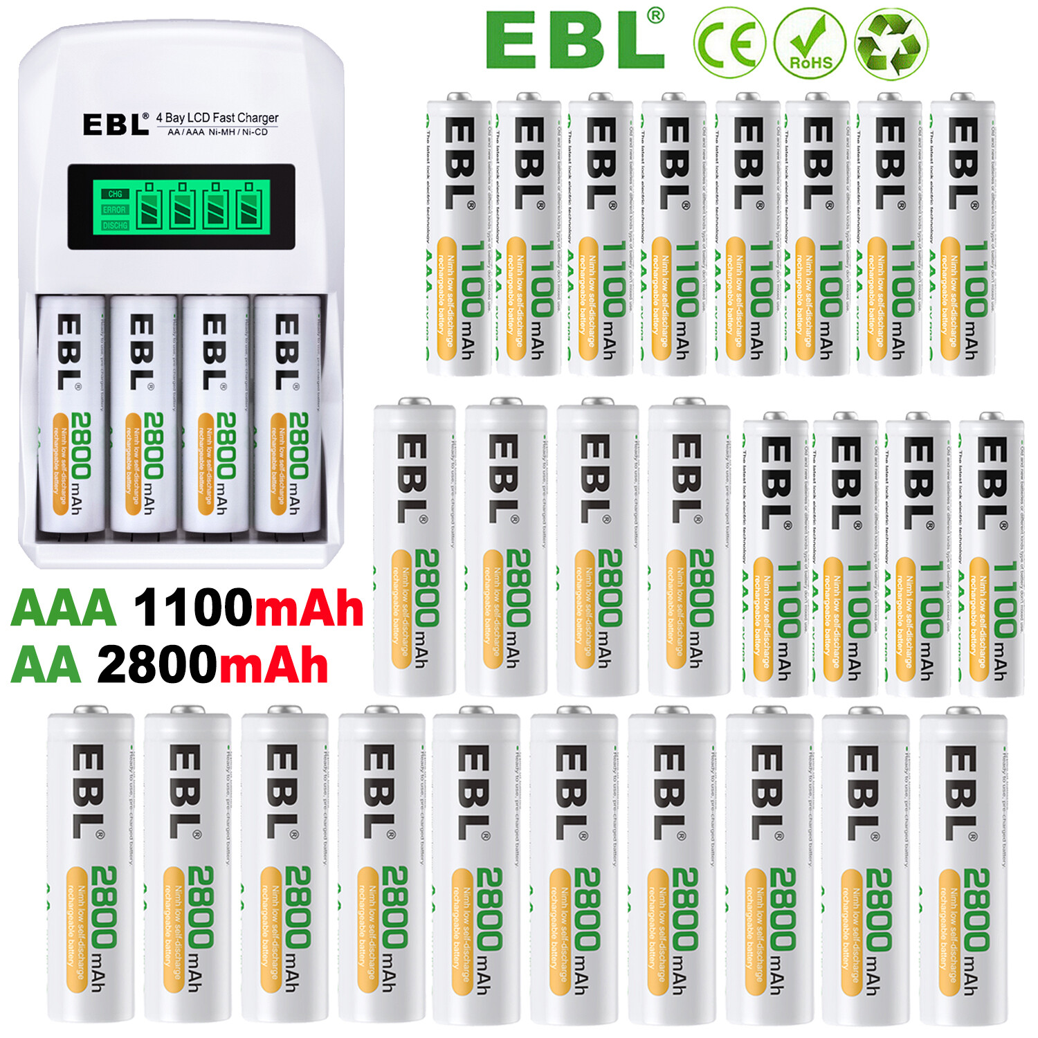 Lot EBL AAA AA Rechargeable Batteries 1100/2800mAh Ni-MH / 4-Slots LCD Charger-image