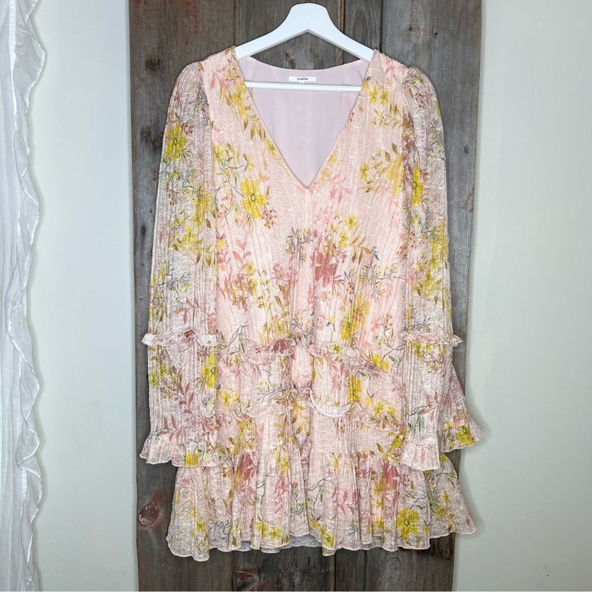 Tularosa Evelyn Dress in Light Rose Floral Print Bell Sleeve Lace Mini Small View 3