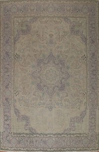 Vintage Muted Beige Wool Tebriz Handmade Dining Room Area Rug 10x13 Carpet