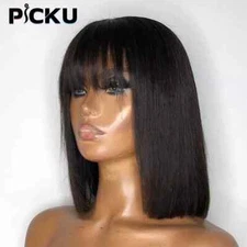 Straight Bob Human Hair Wigs With Bangs Full Machine Made Wigs No Lace Bob Wigs