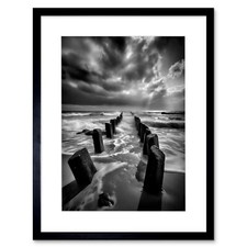 Pier Ruins Black and White Dramatic Coastal Photo Framed Art Print Picture 12X16