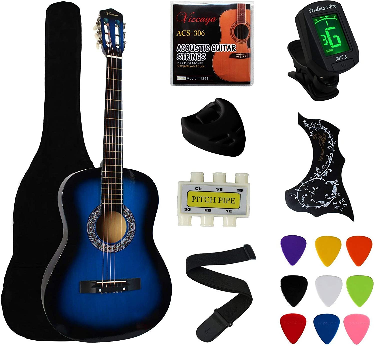 38" Blue Beginner Acoustic Guitar Starter Package Student Guitar with Gig Bag,St