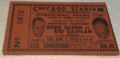 KID GAVILAN V BOBO OLSON-WORLD MW CHAMP-1954-BOXING TICKET-STUBLESS-NICE!!!