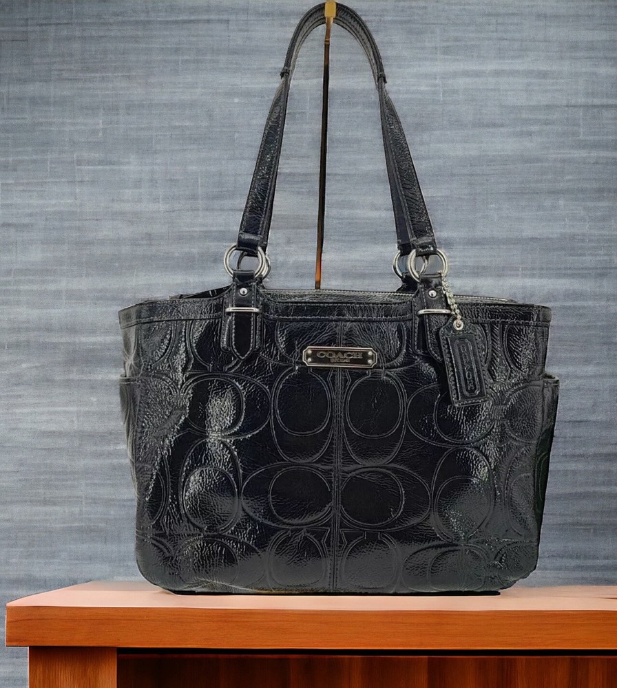COACH Gallery Embossed Black Patent Leather Medium Tote Bag F19462 Fast Ship